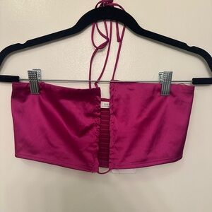 12th Tribe Fuschia Pink Satin Halter Crop Top